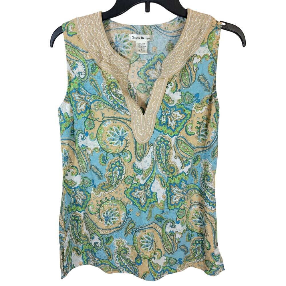 Susan Bristol Blue Green Paisley Sleeveless Tank with Cream Trim
